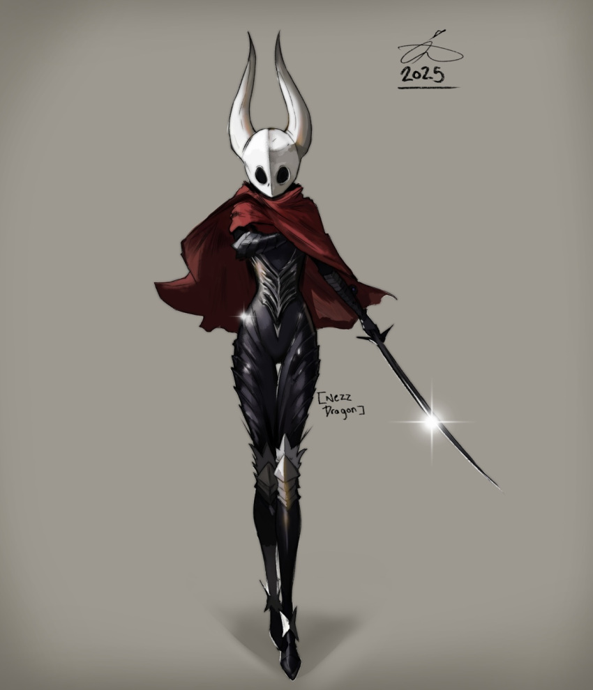 armor, cape, fake_horns, helmet, highres, holding, hollow_knight, hollow_knight:_silksong