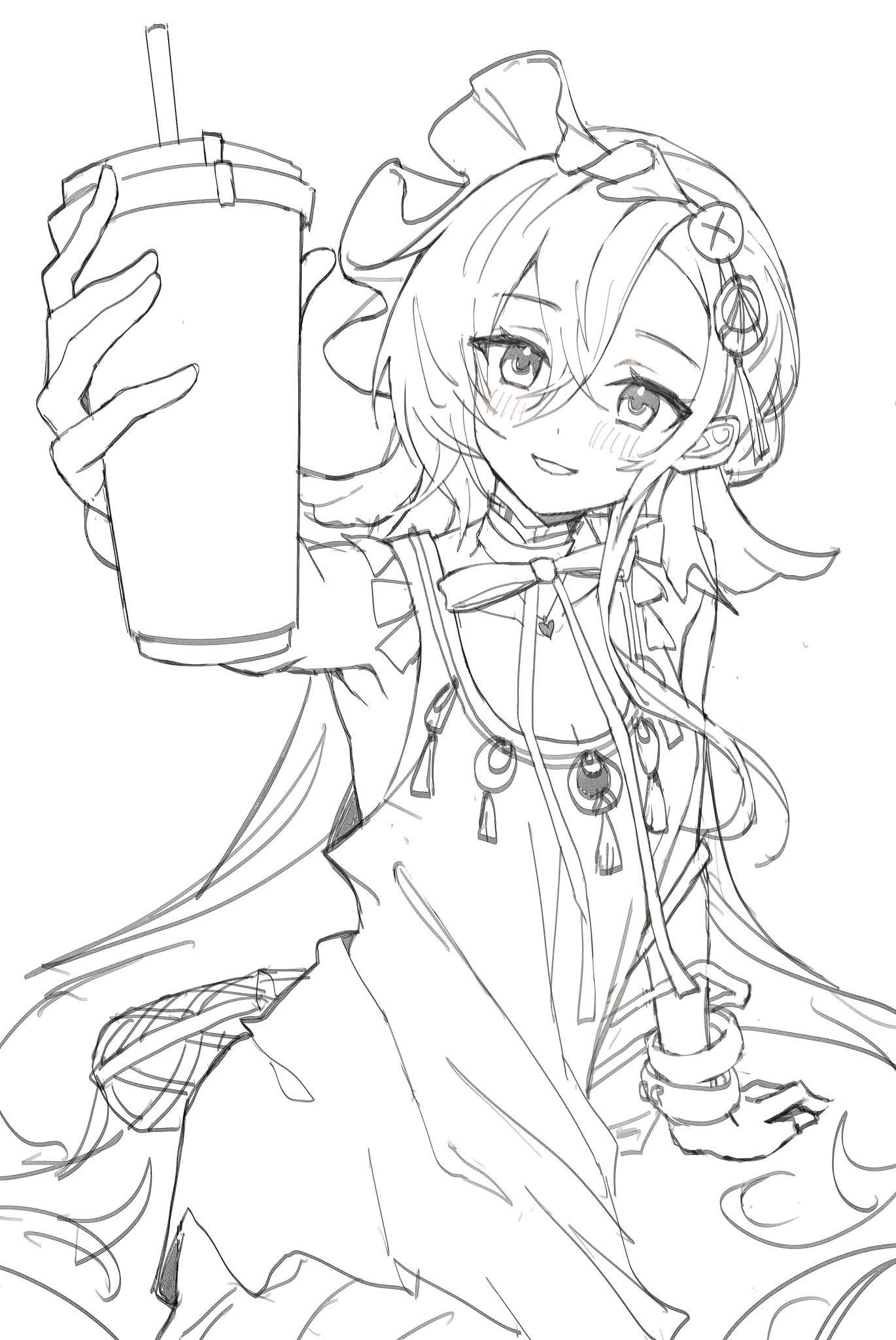 1girl, 37_(naisnow)_(reverse:1999), 37_(reverse:1999), :d, arm_support, bare_arms, bare_shoulders, bracelet, cup, disposable_cup, drinking_straw, greyscale, hair_between_eyes, hair_ornament, highres, holding, holding_cup, jewelry, lineart, long_hair, looking_at_viewer, monochrome, neck_ribbon, official_alternate_costume, open_mouth, outstretched_arm, reverse:1999, ribbon, shirt, sleeveless, sleeveless_shirt, smile, solo, upper_body, very_long_hair, white_background, zuuichi