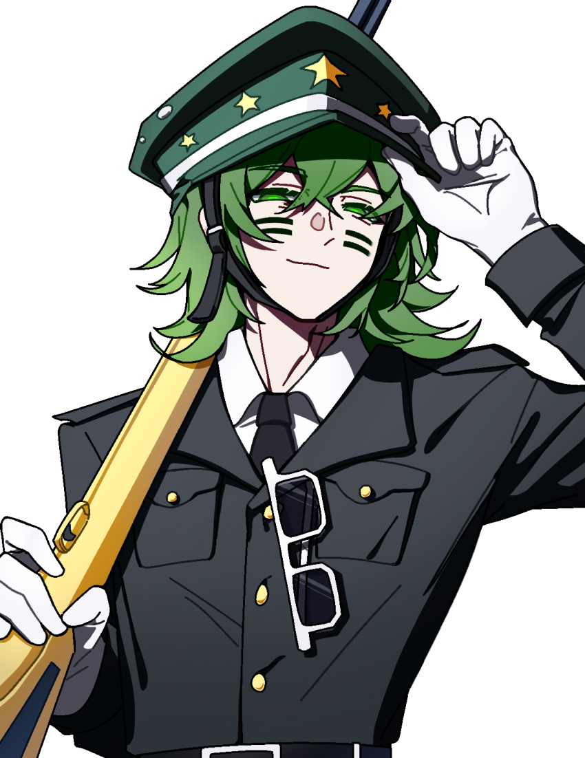 1boy, :3, acostasu, adam's_apple, adjusting_clothes, adjusting_headwear, arm_up, belt
