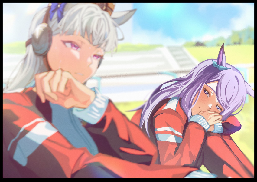 2girls, animal_ears, aqua_bow, blue_sky, blunt_bangs, blush, bow, breasts, closed_mouth, clouds, ear_bow, ear_ribbon, gold_ship_(umamusume), grass, grey_hair, gym_shirt, hat, highres, horse_ears, horse_girl, jacket, lampy_uikoko, long_hair, long_sleeves, looking_at_another, mejiro_mcqueen_(umamusume), multiple_girls, outdoors, pants, parted_lips, pillbox_hat, purple_bow, purple_hair, red_jacket, red_pants, red_track_suit, shirt, sky, smile, sweat, tracen_training_uniform, track_jacket, track_pants, track_suit, umamusume, violet_eyes