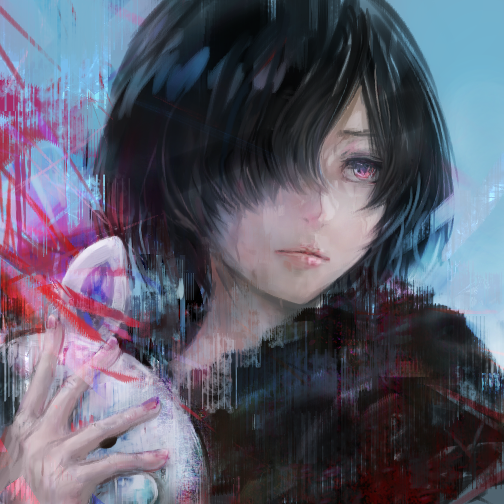 1girl, black_hair, black_shirt, blue_background, commentary, fingernails, hair_over_one_eye, holding