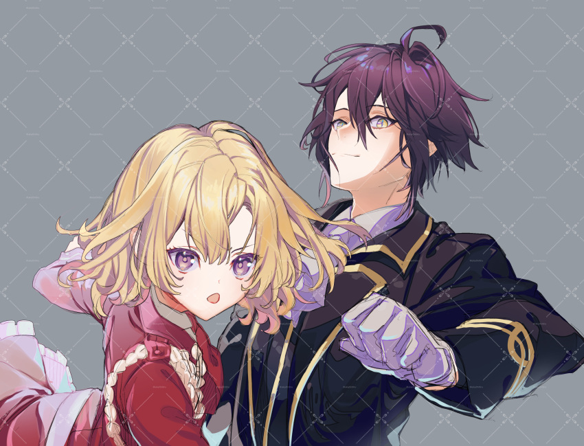 1boy, 1girl, absurdres, aoi_sakurako, black_jacket, blonde_hair, character_request, check_character
