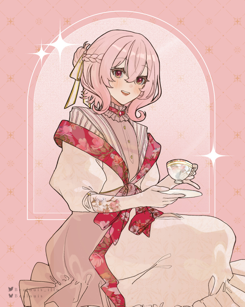 1girl, :d, absurdres, artist_name, bealouis_illu, blush, braid, cup