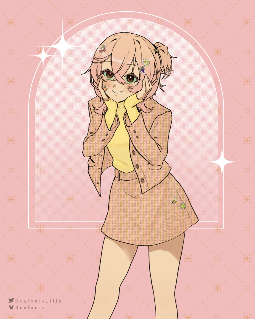 1girl, absurdres, artist_name, bealouis_illu, blush, cowboy_shot, hair_between_eyes, hands_on_own_cheeks
