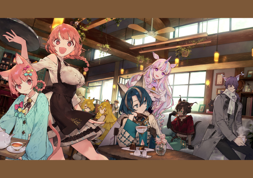 3boys, 6+girls, :3, :d, absurdres, animal_ears, aqua_cardigan, bare_shoulders, blintz_(kemono_teatime), blue_eyes, blue_hair, braid, braided_hair_rings, breasts, cafe, cardigan, cat_ears, cat_girl, cat_tail, ceiling_fan, coat, couch, covered_eyes, cup, dark-skinned_male, dark_skin, everyone, foliage, galette_(kemono_teatime), glasses, green_eyes, grey_coat, guimauve_(kemono_teatime), hair_ornament, hair_over_eyes, hair_rings, hairpin, highres, holding, holding_cup, holding_tray, horse_ears, incredibly_absurdres, jam_(kemono_teatime), kemono_teatime, large_breasts, letterboxed, long_hair, looking_at_another, looking_at_viewer, macaron_(kemono_teatime), mallow_(kemono_teatime), midriff, multicolored_hair, multiple_boys, multiple_girls, noco_(adamas), non-web_source, official_art, orange_eyes, pink_eyes, pink_hair, quiche_(kemono_teatime), scarf, scone_(kemono_teatime), short_hair, sitting, smile, streaked_hair, tail, tarte_(kemono_teatime), tea, teacup, teapot, tiger_ears, tray, unicorn_girl, unicorn_horn, white_scarf, wolf_ears, wolf_girl