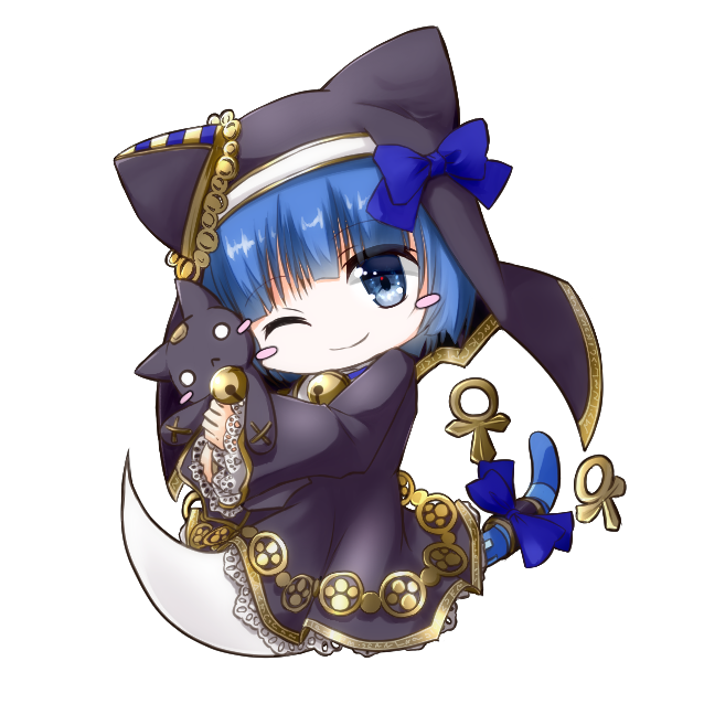 1girl, alternate_costume, animal_ear_headwear, ankh, bell, black_dress, black_hat, blue_eyes
