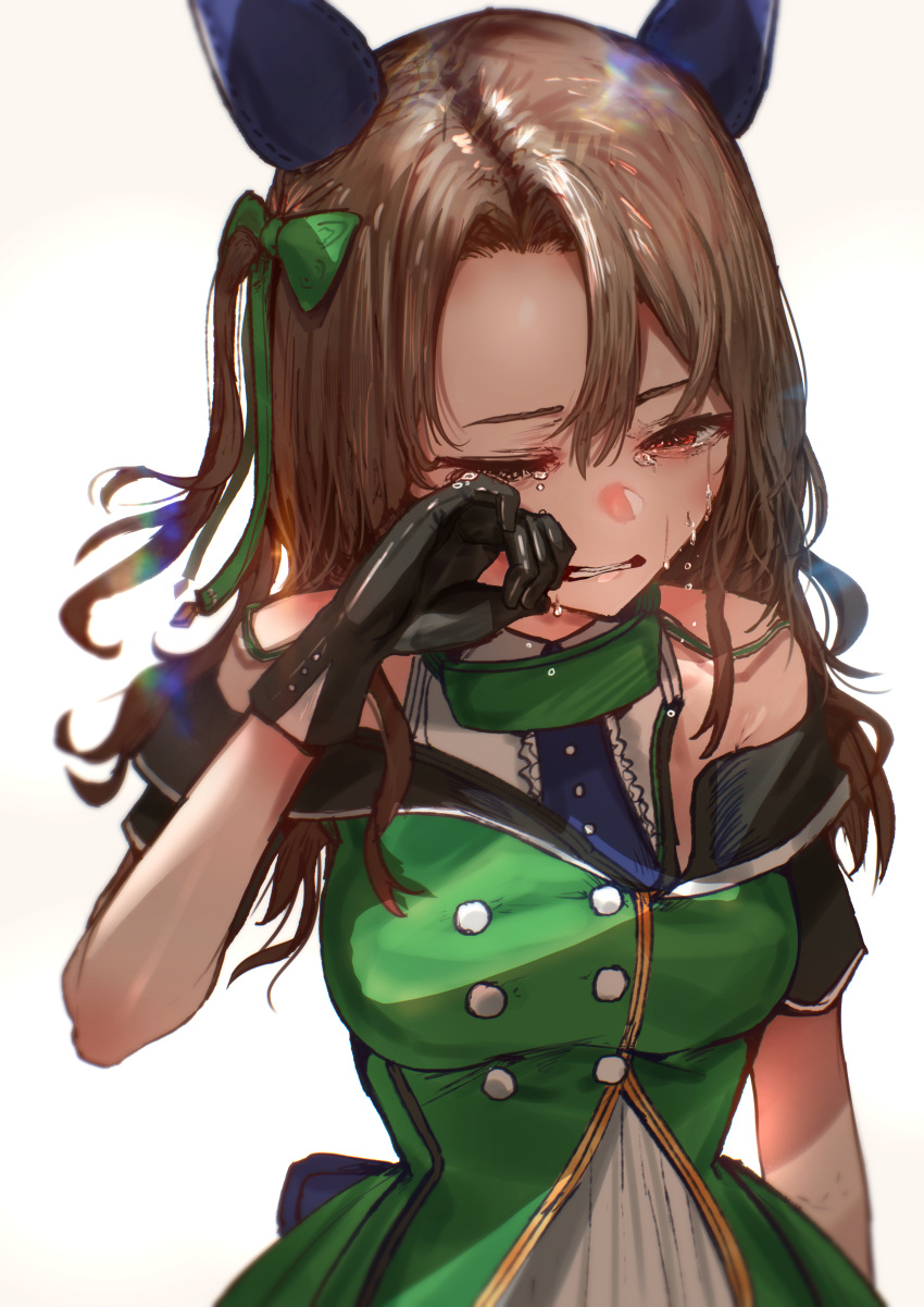 1girl, absurdres, advarcher, animal_ears, bare_shoulders, black_gloves, bow, breasts, brown_hair, clenched_teeth, crying, dress, ear_covers, gloves, green_bow, green_jacket, hair_between_eyes, hair_bow, highres, horse_ears, horse_girl, jacket, king_halo_(umamusume), large_breasts, long_hair, one_eye_closed, red_eyes, rubbing_eyes, solo, teeth, umamusume, upper_body, white_dress