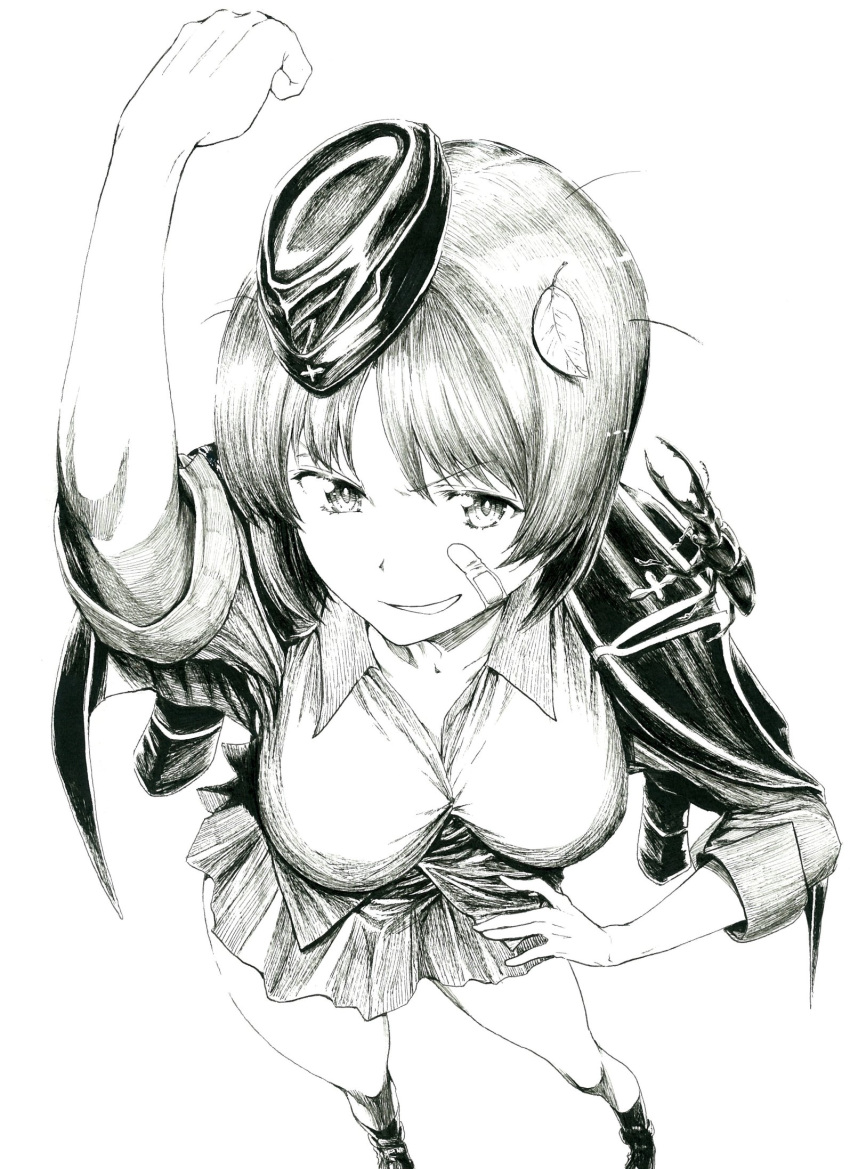 1girl, arm_up, bandaid, bandaid_on_face, breasts, collarbone, collared_shirt, dress_shirt