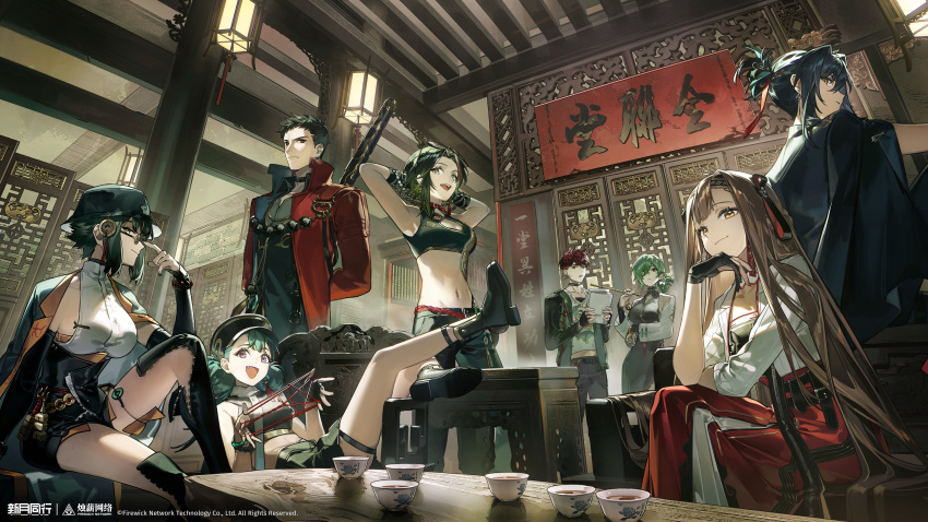 2boys, 6+girls, :d, absurdres, adjusting_eyewear, architecture, arm_up, armpits