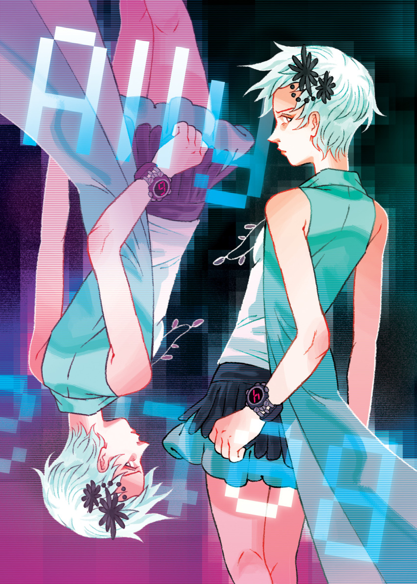 1girl, aqua_jacket, black_flower, black_skirt, closed_mouth, commentary, english_commentary, english_text