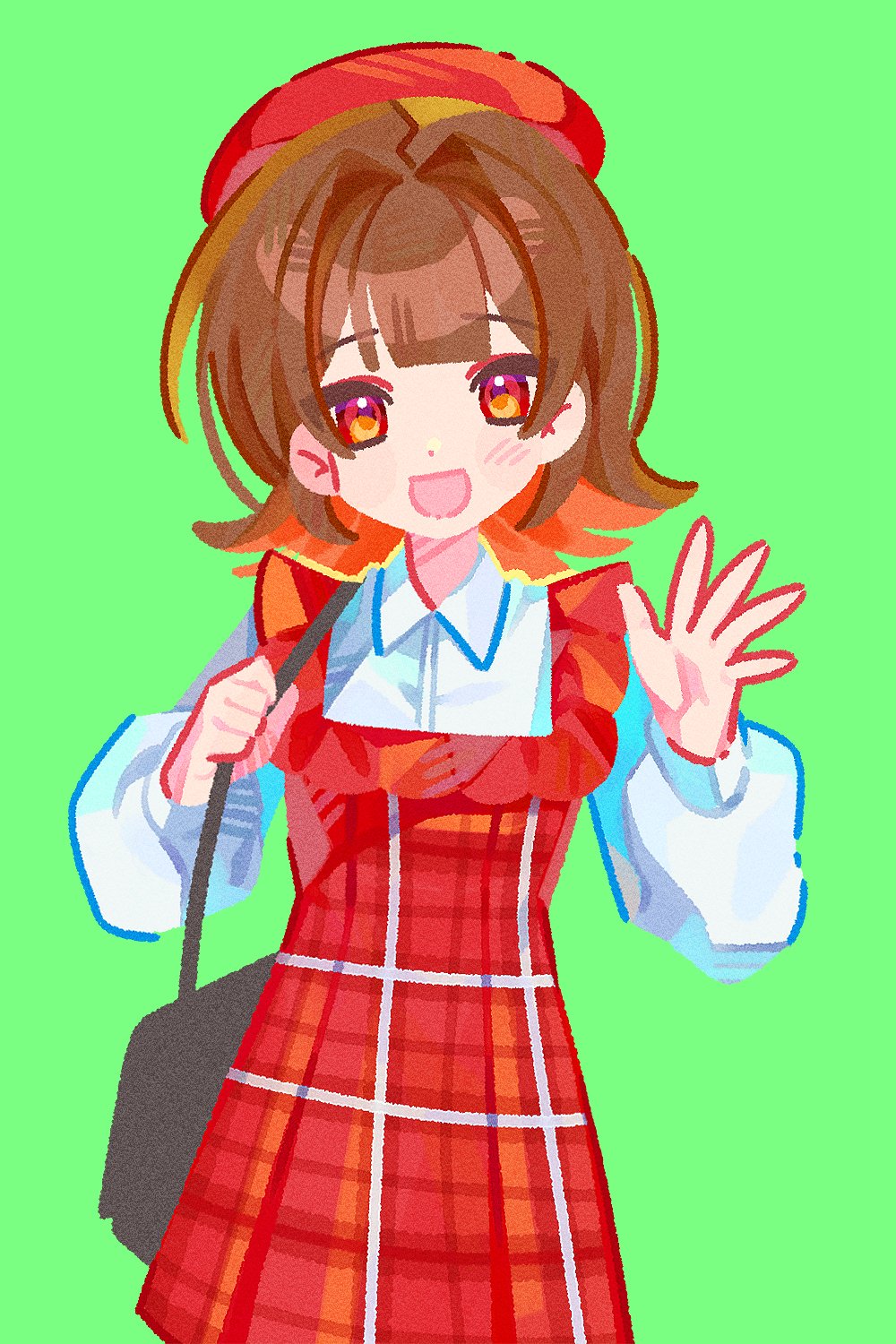 1girl, :d, bag, beret, black_bag, black_survival, brown_hair, collared_shirt
