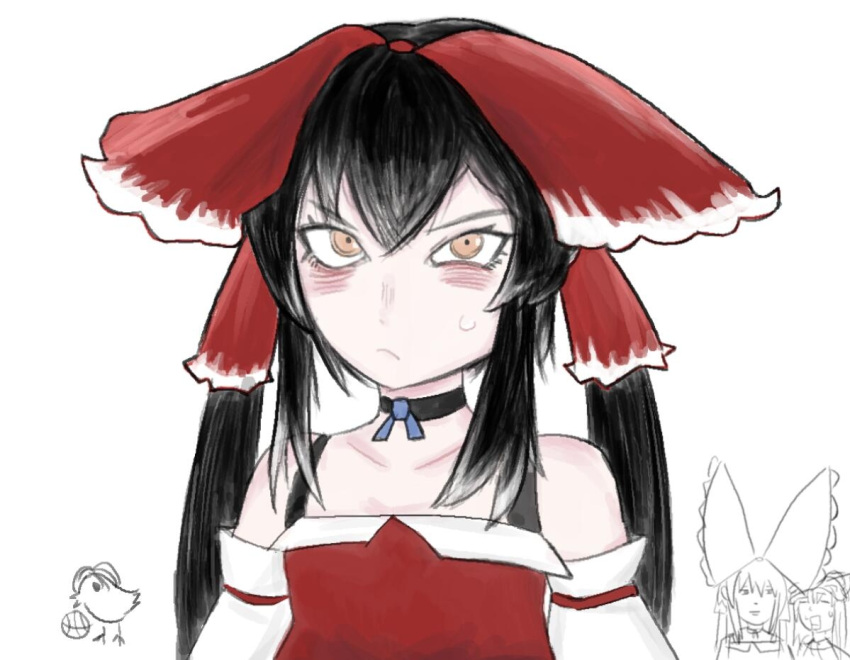 1girl, bags_under_eyes, black_choker, black_hair, bow, brown_eyes, chinese_commentary, choker