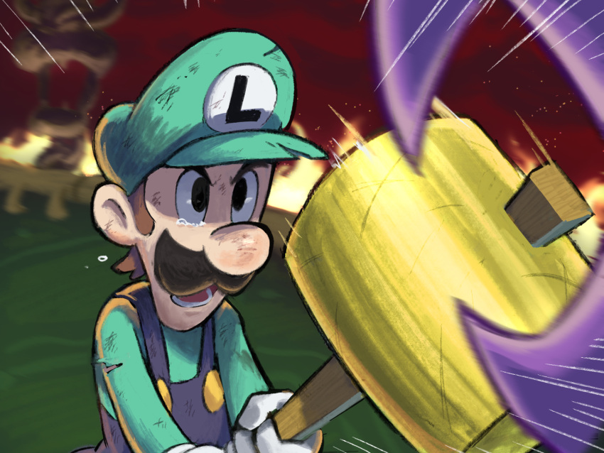 1boy, blue_overalls, boss_fight, brown_hair, cackletta, cackletta_soul, chain, facial_hair