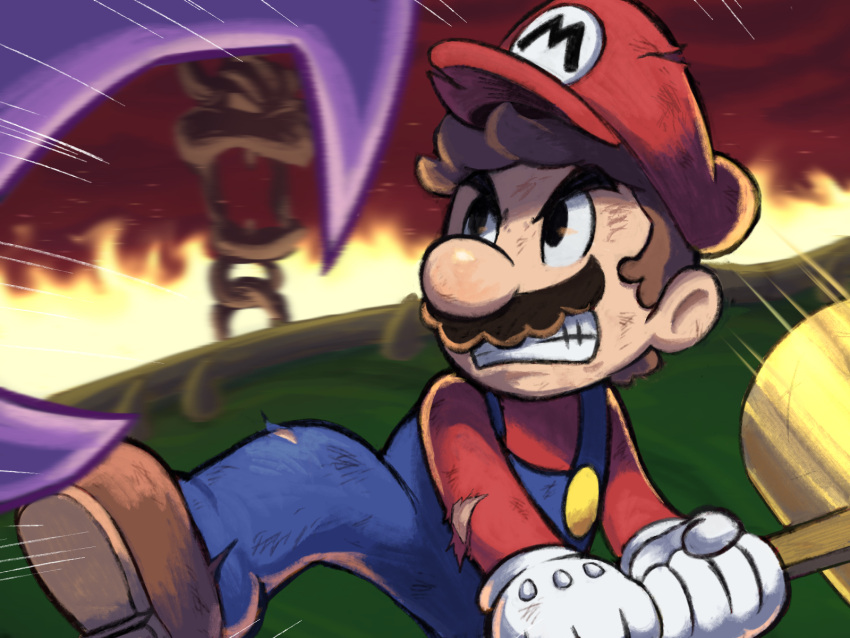 1boy, blue_overalls, boots, boss_fight, brown_boots, brown_hair, cackletta, cackletta_soul