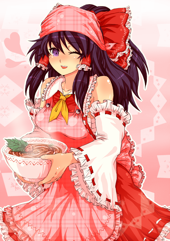 artist_request, ascot, bandana, bare_shoulders, black_hair, blue_eyes, blush, bow
