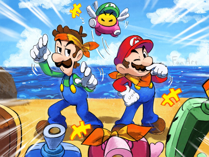 blue_overalls, blue_sky, brown_hair, brown_shoes, clouds, dulles_(mario), ellow_(mario), facial_hair