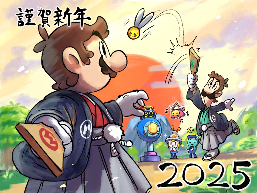 1girl, 2025, 4boys, arc_(mario), black_eyes, brown_hair, connie_(mario), facial_hair