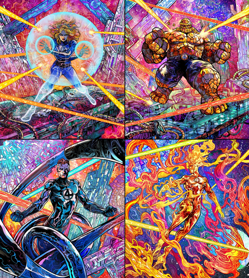 1girl, 3boys, abs, abstract_background, barefoot, ben_grimm, black_gloves, blonde_hair, blue_bodysuit, blue_eyes, blue_jumpsuit, blue_pants, bodysuit, building, burning, clenched_hand, clenched_hands, colored_skin, colorful_background, crossed_arms, dynamic_pose, energy_barrier, energy_beam, extendable_limbs, fantastic_four, fiery_hair, fighting_stance, fire, flying, galaxy, glint, gloves, highres, human_torch, johnny_storm, jumpsuit, lipstick, looking_at_viewer, makeup, male_focus, marvel, marvel_snap, muffin_top, multicolored_bodysuit, multicolored_hair, multiple_boys, muscular, muscular_male, official_art, orange_skin, pants, partially_invisible, planet, pyrokinesis, red_lips, reed_richards, rock, rock_skin, science_fiction, shiny_skin, short_hair, sky, skyline, space, spacecraft, spandex, sparkle, star_(sky), starry_sky, starry_sky_background, stretching, sue_storm, superhero_costume, technology, topless_male, two-tone_bodysuit, two-tone_hair, vinartwork, western_comics_(style), wire