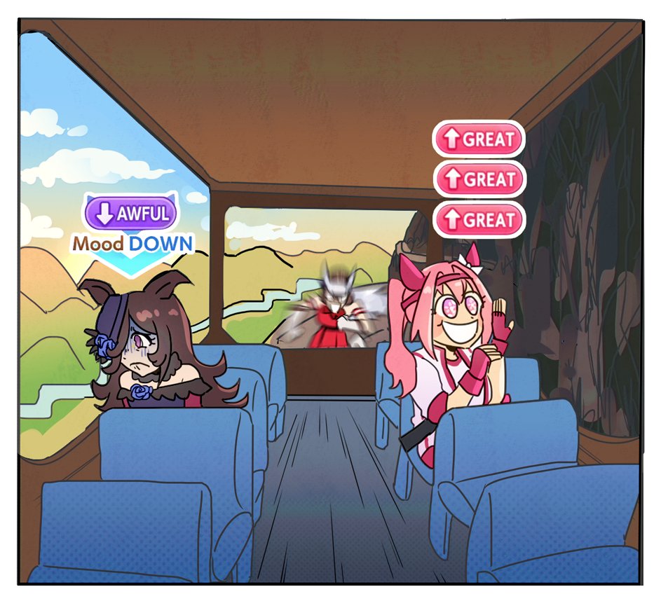 animal_ears, blue_flower, blue_rose, blush, bow, brown_hair, ear_bow, ear_covers, english_commentary, flipped_hair, flower, gameplay_mechanics, gloves, gold_ship_(umamusume), hair_over_one_eye, hairband, haru_urara_(umamusume), hat, hat_flower, headband, horse_ears, horse_girl, long_hair, meme, ministarfruit, mood_(umamusume), multiple_girls, open_mouth, pink_eyes, pink_hair, ponytail, rice_shower_(umamusume), rose, shirt, smile, tilted_headwear, two_guys_on_a_bus_(meme), umamusume, violet_eyes
