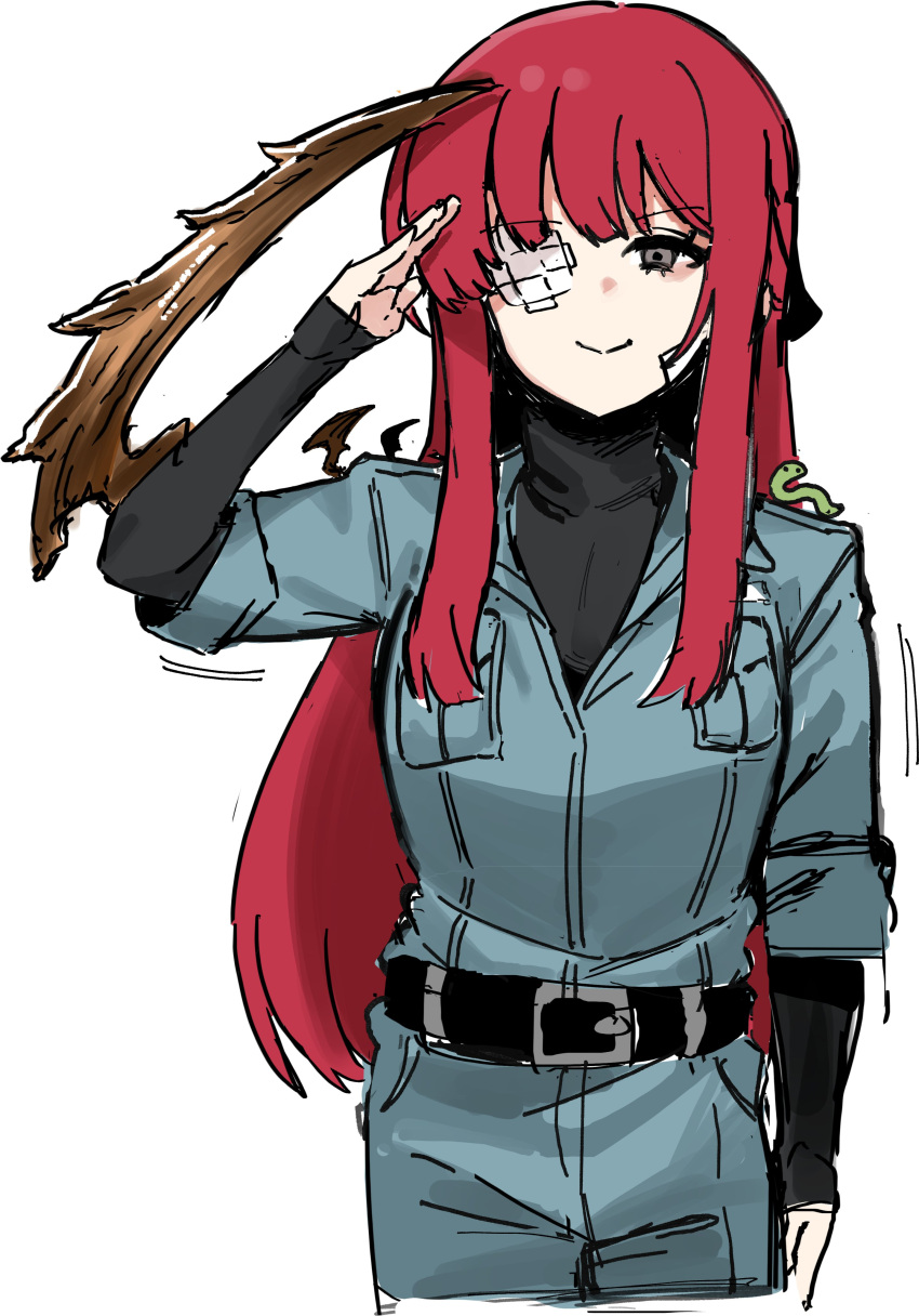1girl, absurdres, animal_on_shoulder, arm_blade, bandaid_on_eye, belt, belt_buckle, black_belt