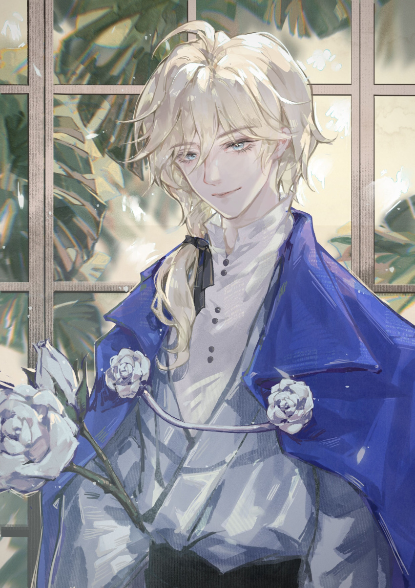 1boy, absurdres, ahoge, aiguillette, black_bow, black_hakama, blonde_hair, blue_cape