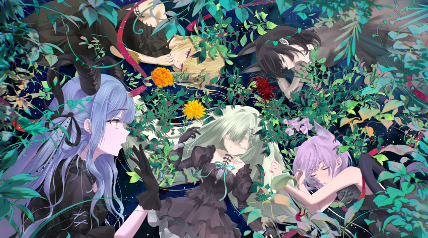 5girls, absurdres, animal_ears, arknights, ave_mujica_(bang_dream!), bang_dream!, bang_dream!_it's_mygo!!!!!, black_dress, black_gloves, black_hair, black_horns, black_ribbon, blonde_hair, blue_hair, cat_ears, cat_girl, chinese_commentary, closed_eyes, closed_mouth, commentary_request, curled_horns, dog_ears, dog_girl, dress, ebonvow, floppy_ears, floral_background, flower, gloves, green_hair, hair_ribbon, highres, horns, leaf, long_hair, long_sleeves, looking_at_another, lying, misumi_uika, misumi_uika_(caged_singer), multiple_girls, on_back, on_side, plant, profile, purple_hair, rabbit_ears, rabbit_girl, ribbon, short_hair, sidelocks, sleeping, togawa_sakiko, togawa_sakiko_(master_of_melodia), two_side_up, violet_eyes, wakaba_mutsumi, wakaba_mutsumi_(marionette's_id), wolf_ears, wolf_girl, yahata_umiri, yahata_umiri_(moonlight_executioner), yellow_eyes, yellow_flower, yuutenji_nyamu, yuutenji_nyamu_(magician_of_passion)