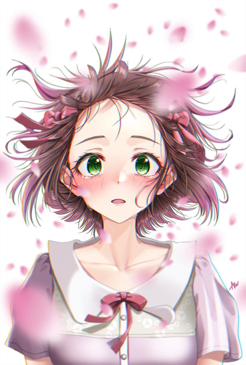 1girl, am_serr, amami_haruka, blush, bow, brown_hair, collarbone, falling_petals