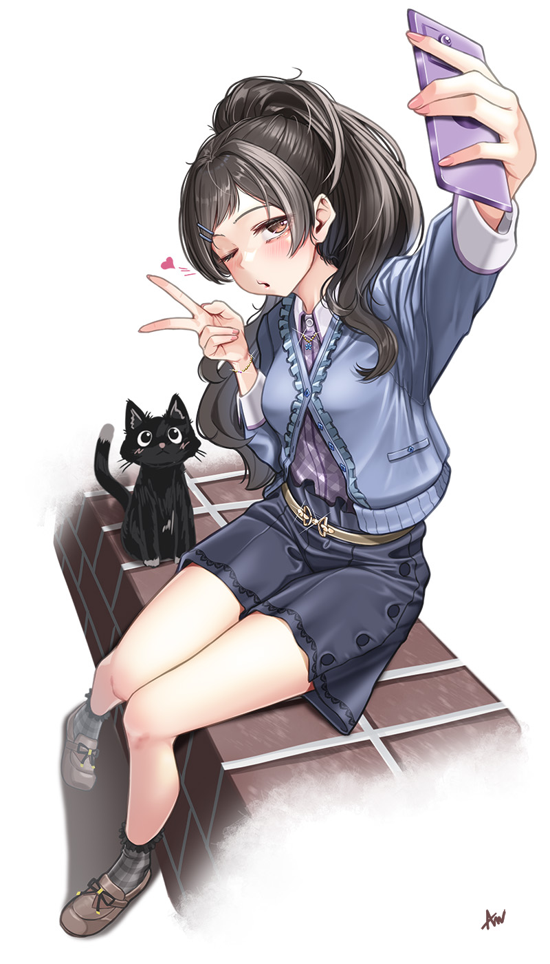 1girl, am_serr, animal, black_cat, black_socks, blue_cardigan, blush, brown_eyes