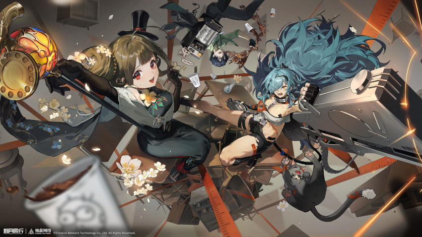 1boy, 2girls, :d, absurdres, arm_up, bare_shoulders, black_boots, black_cat, black_dress, black_gloves, black_hair, black_hat, black_pants, black_shorts, boots, breasts, brown_hair, cane, cat, chair, cihui_(xinyue_tongxing), coffee, coffee_maker, copyright_name, copyright_notice, cup, disposable_cup, dress, elbow_gloves, fingerless_gloves, floating_hair, flower, from_above, gloves, green_hair, green_necktie, green_shirt, grey_background, hair_bun, hair_over_one_eye, hat, highres, holding, holding_cane, jiaquan_(xinyue_tongxing), large_breasts, liqing_(xinyue_tongxing), logo, long_dress, long_hair, mini_hat, mini_top_hat, multiple_girls, necktie, official_art, official_wallpaper, one_eye_covered, open_mouth, pants, red_eyes, salaryman, shirt, short_hair, short_shorts, shorts, single_side_bun, sitting, smile, spilling, strapless, sweat, table, tilted_headwear, top_hat, tube_top, upside-down, vase, very_long_hair, white_flower, white_tube_top, xinyue_tongxing, yellow_eyes