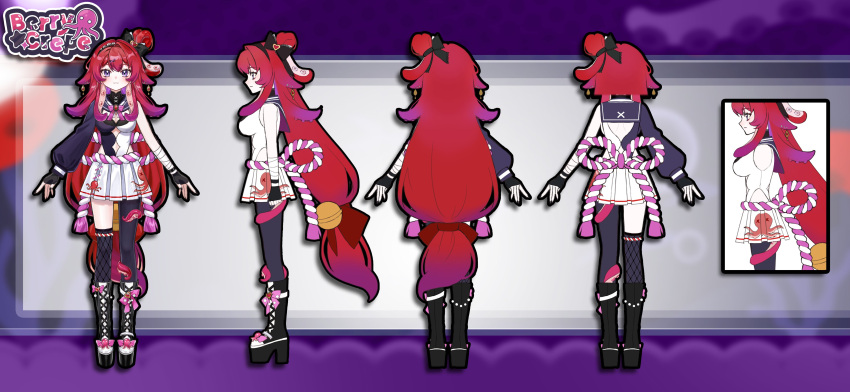 absurdres, asymmetrical_clothes, asymmetrical_legwear, bell, berrycrepe, black_boots, black_bow, black_gloves, boots, bow, bowtie, fingerless_gloves, gloves, highres, indie_virtual_youtuber, kenkenmo6, lace-up_boots, long_hair, miniskirt, octopus, over-kneehighs, pink_bow, pink_bowtie, puffy_sleeves, red_bow, red_hair, reference_sheet, sash, skirt, tentacle_hair, tentacles, thigh-highs, violet_eyes, virtual_youtuber