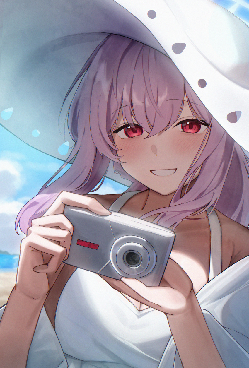 1girl, absurdres, atsuko_(blue_archive), atsuko_(swimsuit)_(blue_archive), bikini, blue_archive, blue_sky, blush