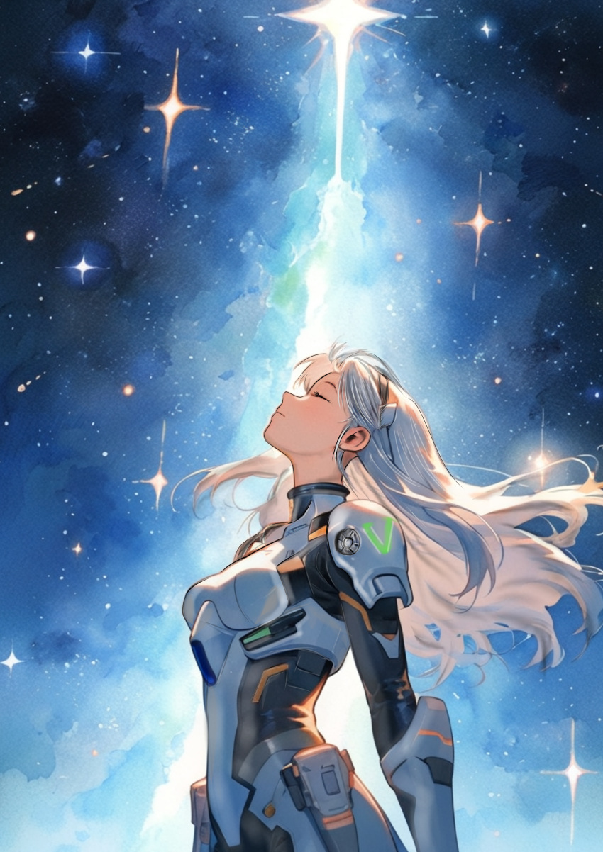 1girl, absurdres, armor, armor_strap, armored_bodysuit, black_bodysuit, bodysuit, breasts, closed_eyes, closed_mouth, goddess_of_victory:_nikke, highres, long_hair, milky_way, night, night_sky, nikke2_(7834), product_08_(nikke), shooting_star, shoulder_armor, sky, solo, space, star_(sky), starry_sky, white_hair