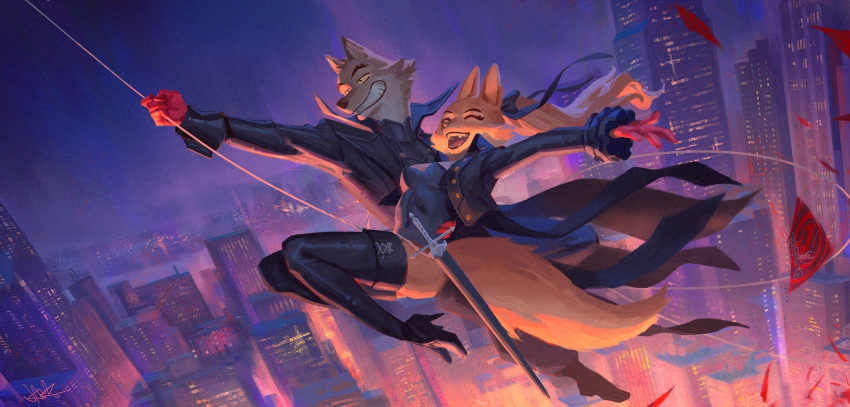 1boy, 1girl, amamiya_ren, black_coat, calling_card, cityscape, coat, cosplay