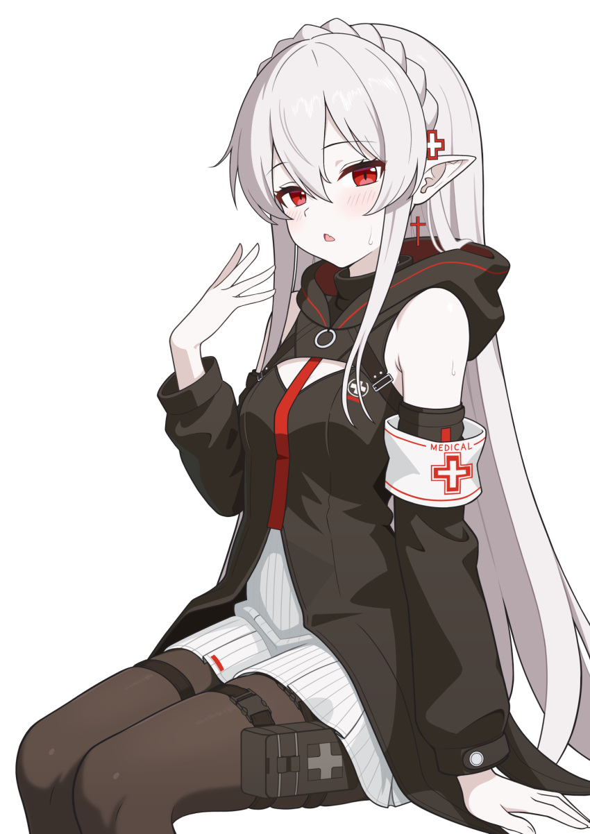 1girl, arknights, armband, black_pantyhose, blush, commentary_request, dogari, highres, hood, hood_down, hoodie, long_hair, looking_at_viewer, open_mouth, pantyhose, pointy_ears, red_eyes, simple_background, sitting, solo, sweat, warfarin_(arknights), white_background, white_hair