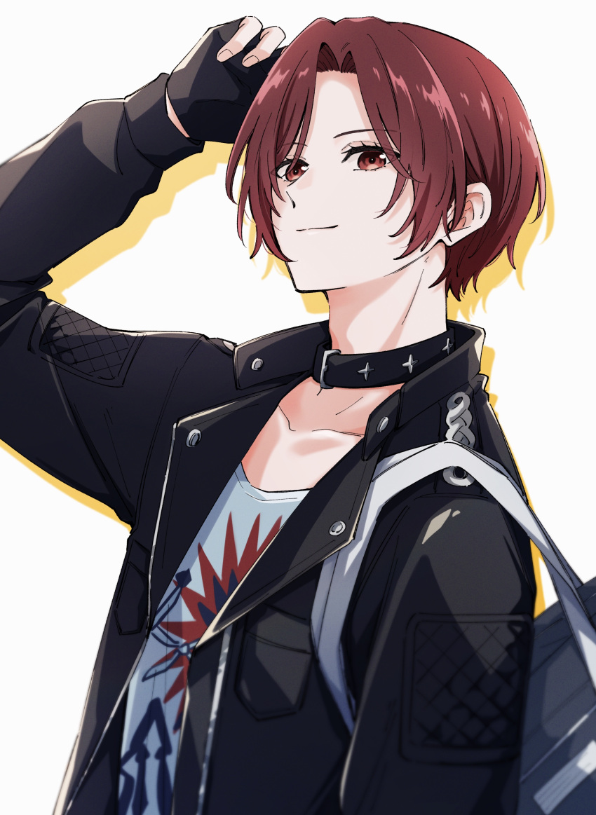 1boy, absurdres, arm_at_side, arm_up, bag, belt_collar, black_gloves, black_jacket