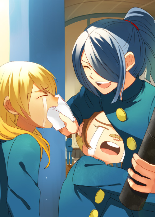 blonde_hair, blue_hair, brown_hair, closed_eyes, eyes_closed, hair_over_one_eye, hajikero_(mimizu), hug