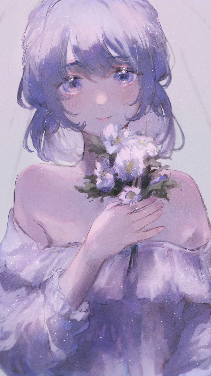 1girl, absurdres, bare_shoulders, bouquet, closed_mouth, collarbone, collared_dress, crown_belt_buckle