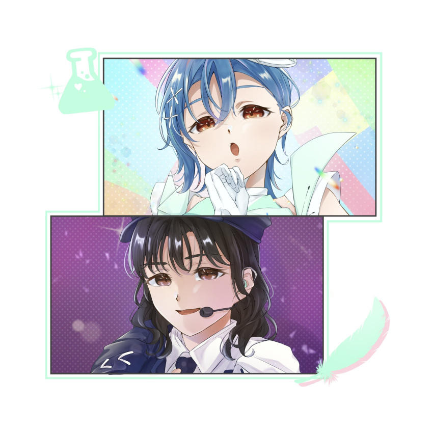 2girls, :o, animification, black_hair, blue_hair, brown_eyes, collared_shirt, erlenmeyer_flask