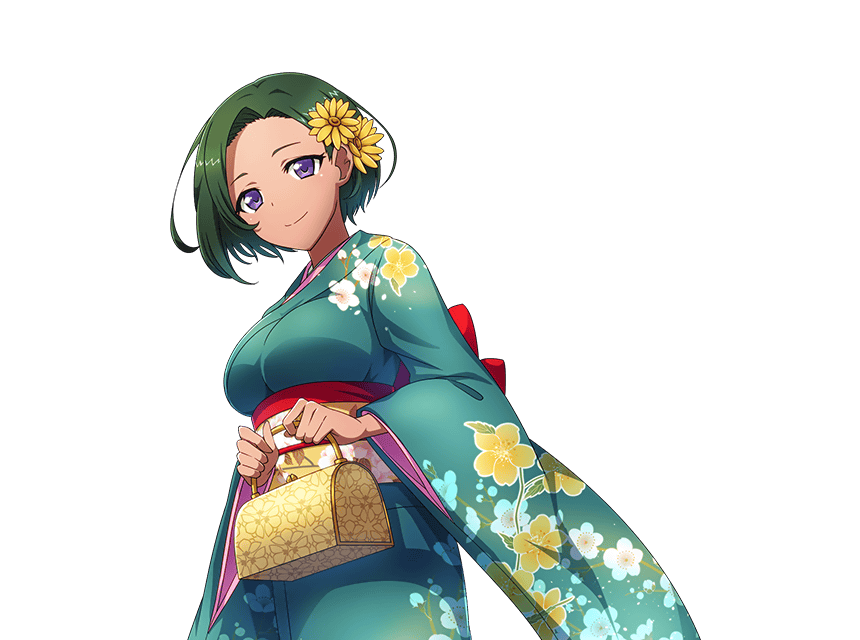 1girl, bag, basket, breasts, dark_skin, floral_print, flower, green_hair