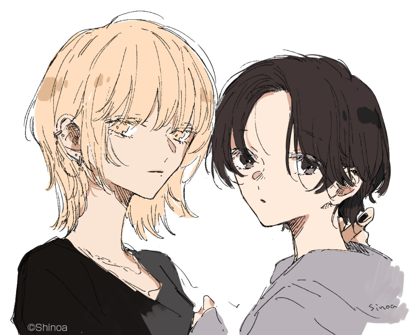2girls, alternate_hairstyle, black_hair, blonde_hair, ear_piercing, kakmxxxny06, kono_koi_wo_hoshi_ni_wa_negawanai, kousaka_fuyuki