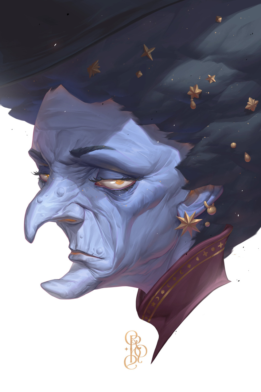 1girl, absurdres, afro, blue_skin, cheekbones, cloud_hair, colored_skin, comically_sharp_chin, crescent, earrings, eyelashes, gold_earrings, hair_ornament, highres, jewelry, looking_at_viewer, mole, old, old_woman, original, patrick_ganas, portrait, simple_background, solo, star_(symbol), star_hair_ornament, white_background, witch, yellow_eyes