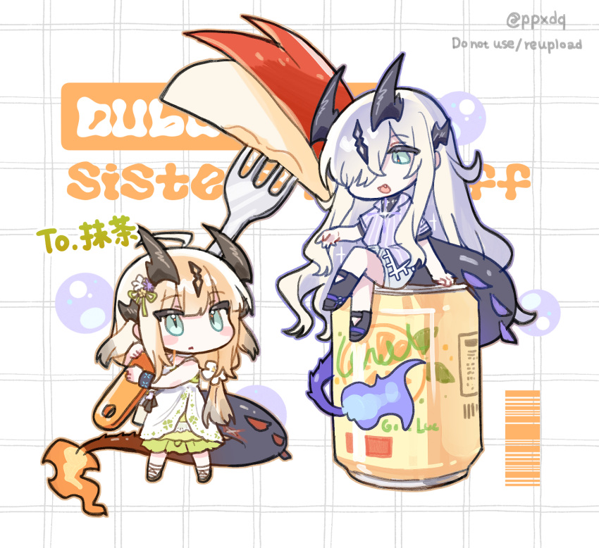 2girls, ahoge, aqua_eyes, arknights, barcode, blonde_hair, blue_fire, blush_stickers