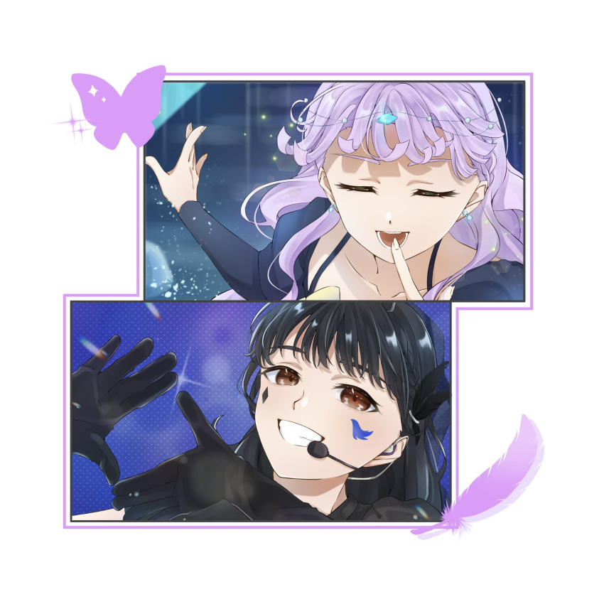 2girls, animification, black_gloves, black_hair, brown_eyes, bubble_rise_(love_live!), bug, butterfly