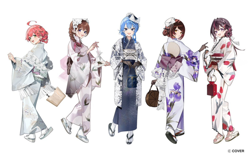 0th_generation_(hololive), 5girls, ahoge, azki_(hololive), bag, bagged_fish, black_gloves, blue_eyes