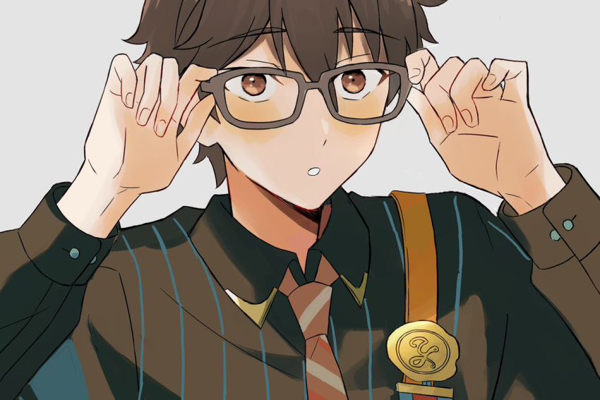 1boy, adjusting_eyewear, brown-framed_eyewear, brown_eyes, brown_hair, collared_shirt, commentary_request, ensemble_stars!