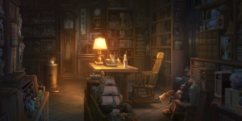absurdly_detailed_composition, artist_request, bellows_camera, book, bookshelf, bust_(sculpture), camera, chair