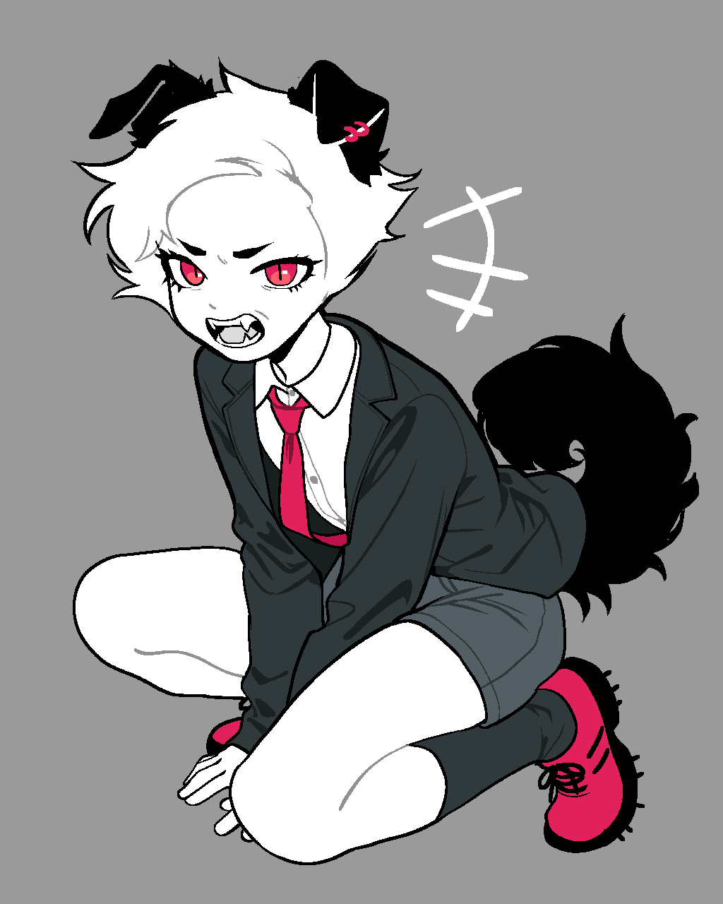 +++, 1girl, admiralexclipse, animal_ear_piercing, animal_ears, black_jacket, black_socks, colored_skin, commentary, dog_ears, dog_girl, dog_tail, dress_shirt, english_commentary, fangs, full_body, grey_background, grey_shorts, hands_on_ground, highres, homestuck, homestuck:_beyond_canon, jacket, looking_at_viewer, necktie, open_clothes, open_jacket, open_mouth, pink_eyes, pink_necktie, pink_shoes, shirt, shoes, short_hair, shorts, simple_background, slit_pupils, socks, solo, squatting, tail, white_hair, white_shirt, white_skin, yiffany_longstocking_lalonde_harley