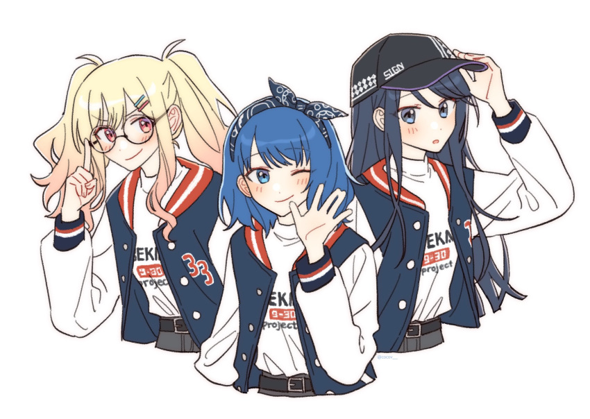 3girls, adjusting_clothes, adjusting_headwear, arm_at_side, arm_up, bad_id, bad_twitter_id, baseball_cap