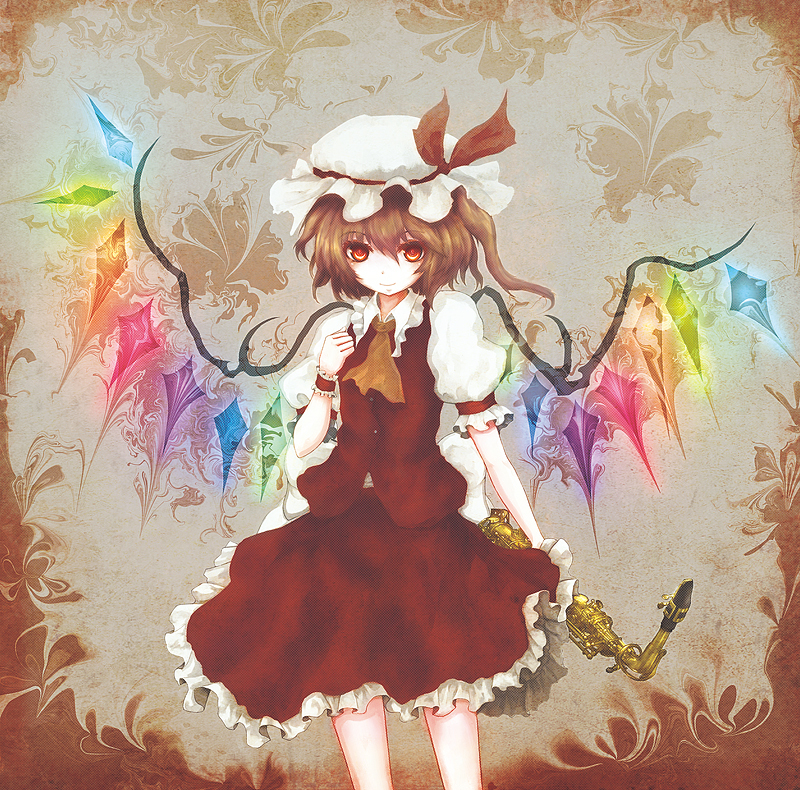 alternate_wings, arms_up, blonde_hair, blouse, dress, flandre_scarlet, glowing, glowing_wings