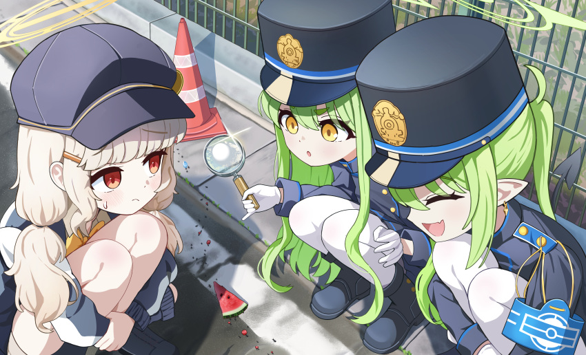 3girls, absurdres, aoba_(blue_archive), black_boots, black_hat, black_jacket, black_skirt, blonde_hair